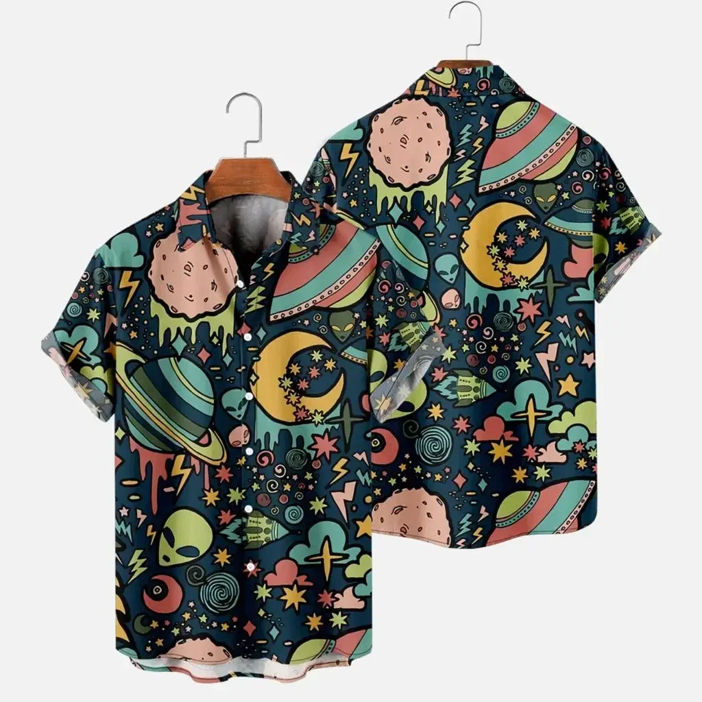 Baju Pria motif astronot, baju Atasan Pria kasual Hawaii, gaya pantai nyaman, ukuran besar, kerah lengan pendek s