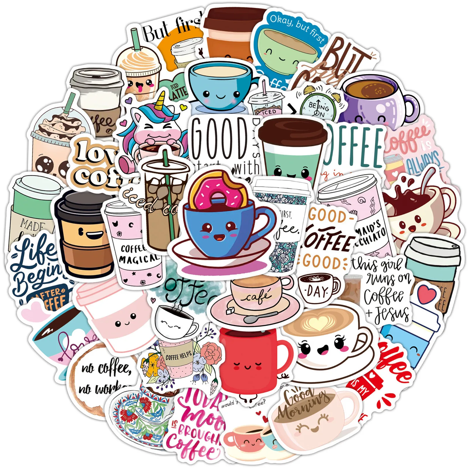 50 Stück Cartoon-Kaffee-Aufkleber Espresso Latte Mocha Niedliche Aufkleber DIY Laptop für Mädchen Kinder Geschenk Spielzeug Wasserdichte Kinder-Sticker