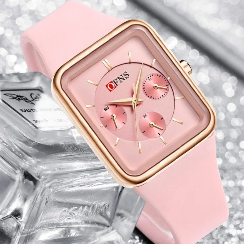 OFNS 여성용 8035 패션 쿼츠 시계, 심플 스퀘어 캘린더, 실리콘 방수, 우아한 손목시계 선물