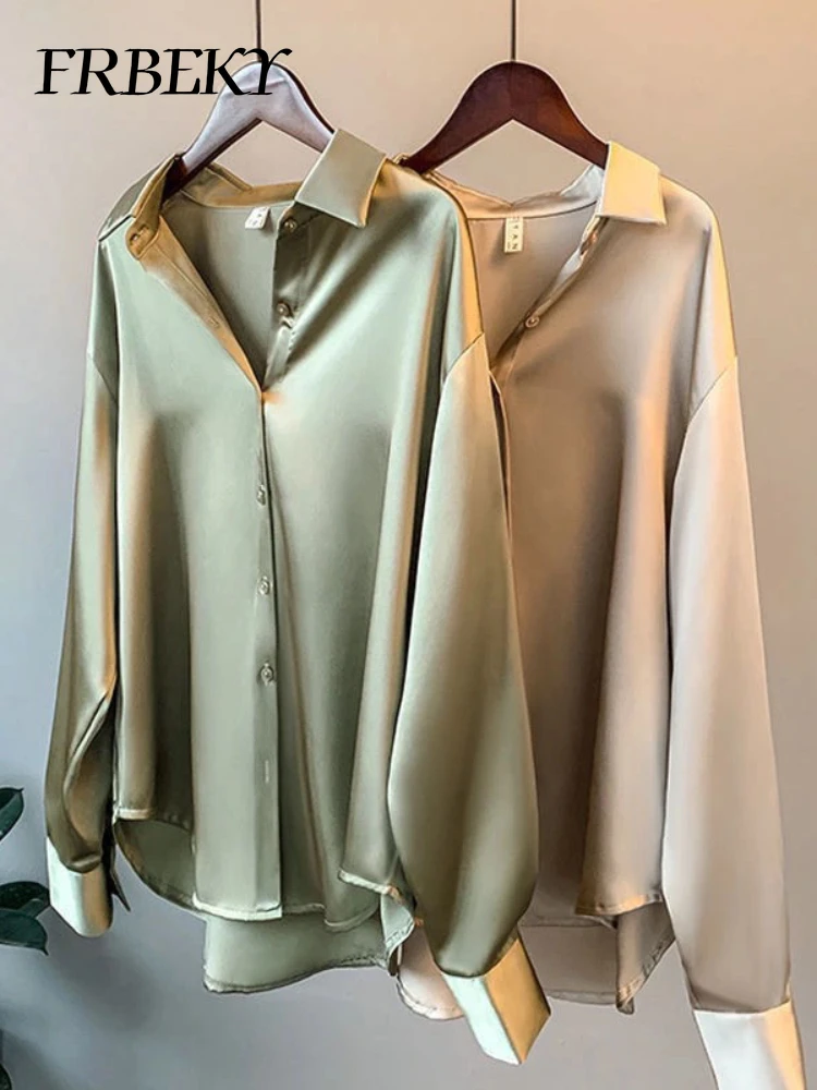 Elegant Shirts & Blouses Summer Autumn Long-sleeved Satin Shirt with All Hanging Vintage Solid Color Casual Shirt Blouse Tops