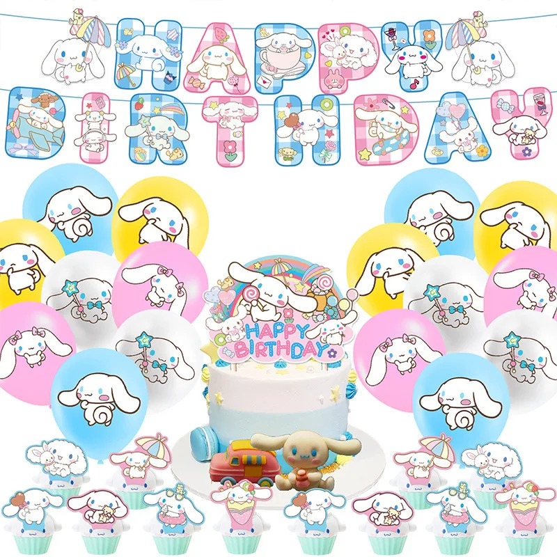 Decorazioni per feste a tema Sanrio Kuromi Hello Kitty Cinnamoroll Bandiera decorata Carta per torta Carta di invito con ciondolo a spirale con palloncino