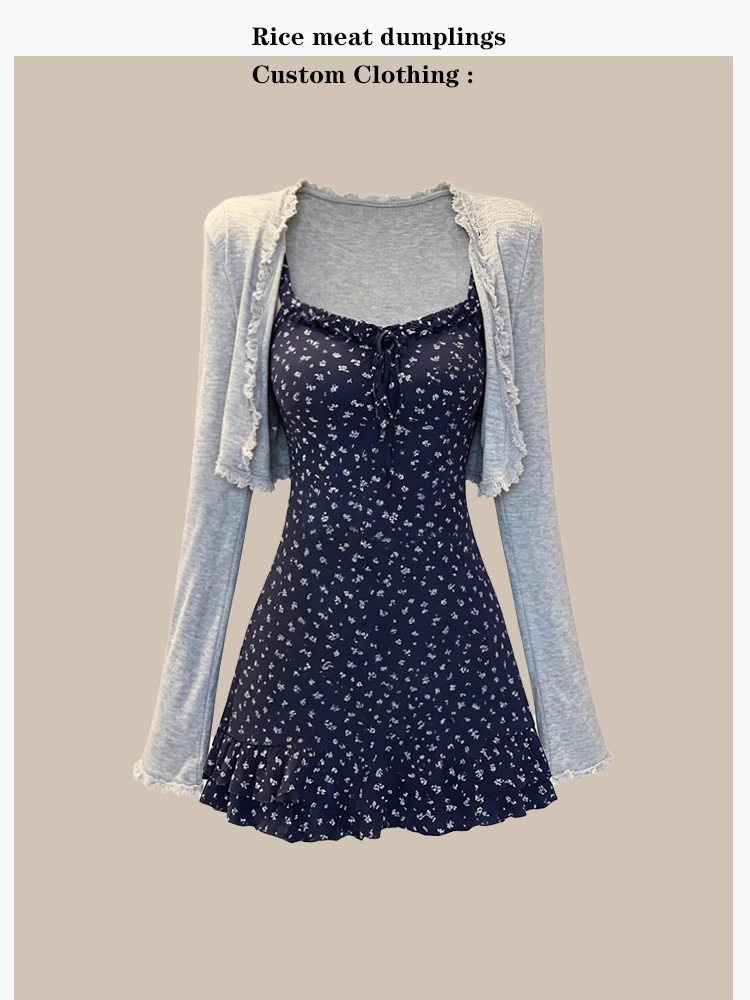 

Unique Korean Style Summer Floral Print Crop Top And Cardigan Two-Piece Set Waist-Cinching Halter Neck Dress Blue Shadow