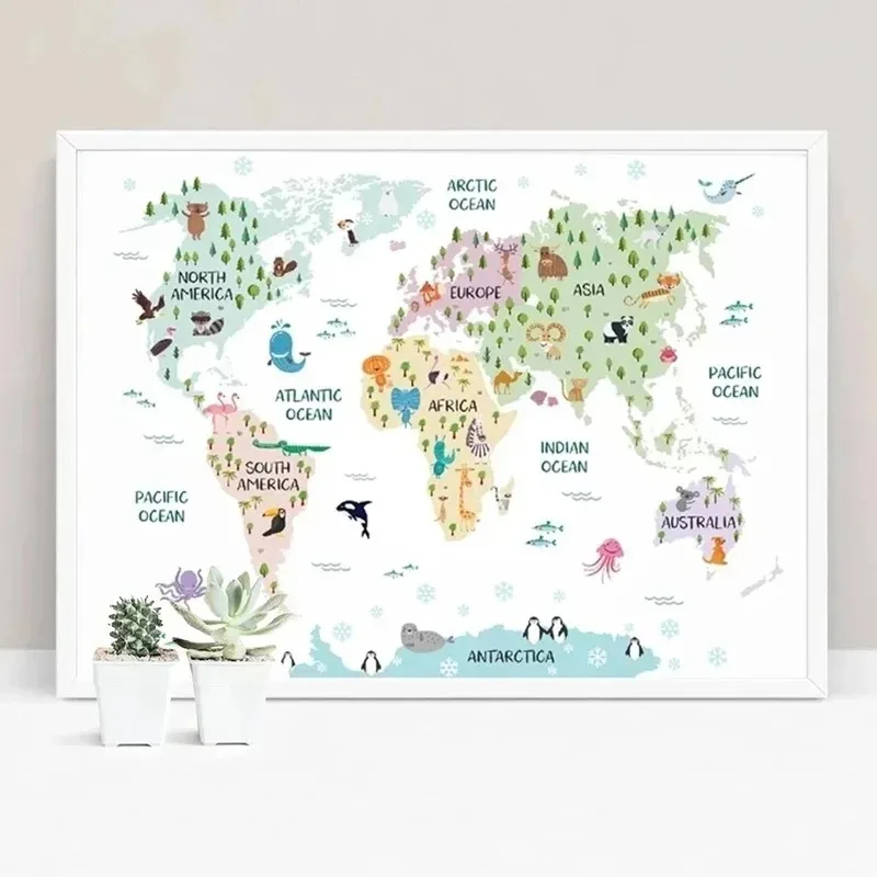 Nursery World Map Poster Prints Pastel Animal Theme Educational Canvas Wall Art Decor Pictures Painting for Kids Room Decor Art