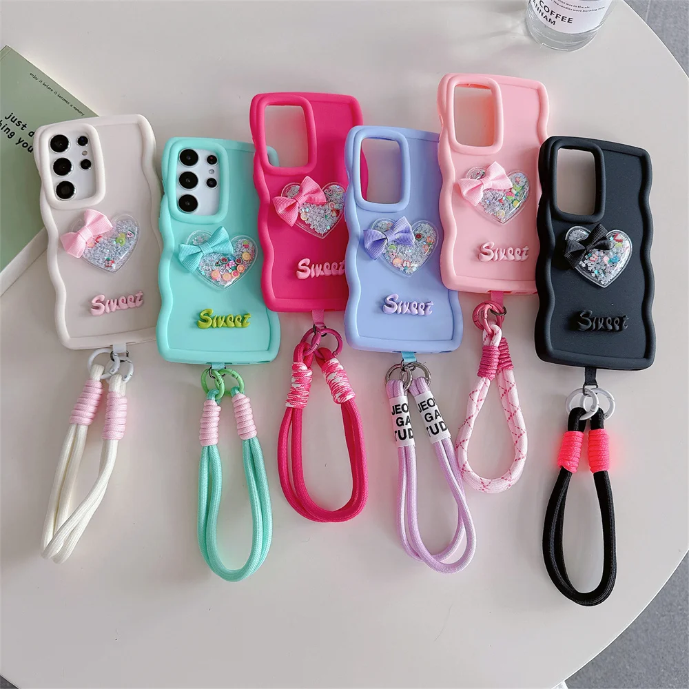 Cute Wavy Silicone Wrist Strap Lanyard Phone Case for Samsung A73 A55 A54 A53 A52 A51 A50 A35 A34 A33 A32 A25 A24 A23 A15 A14 5G