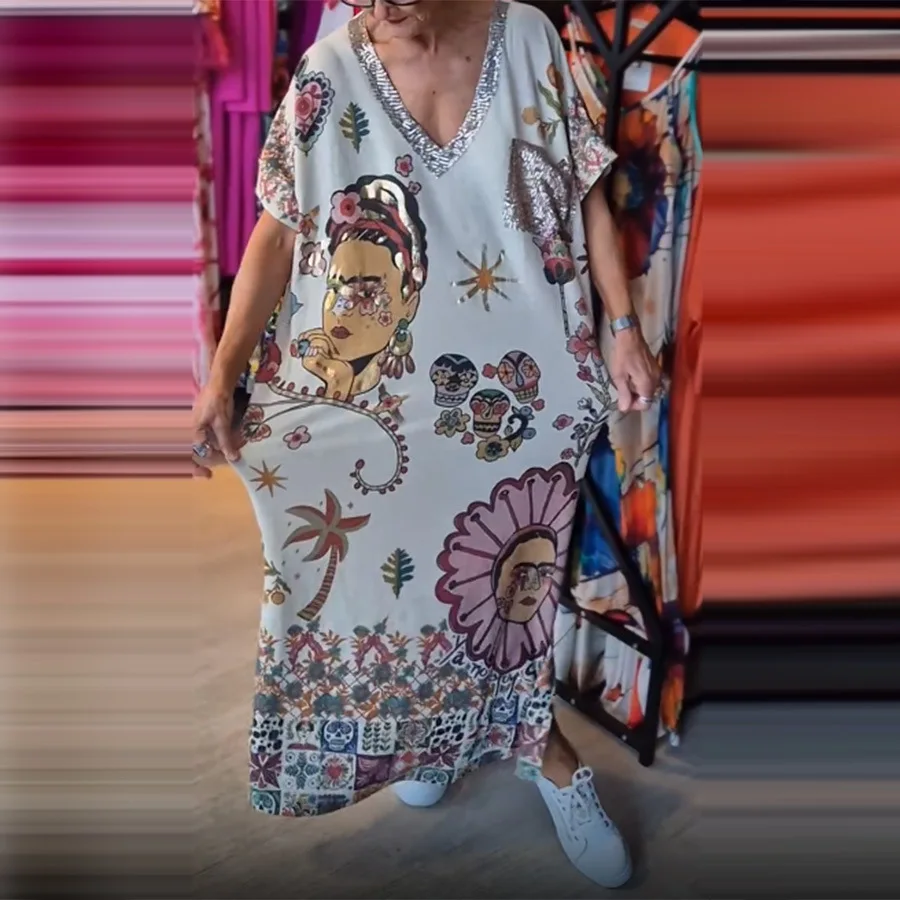 

Свободное и удобное длинное платье с v-образным вырезом и короткими рукавами с принтом, модная уличная женская одежда 2024, новинка весны и осени Mo