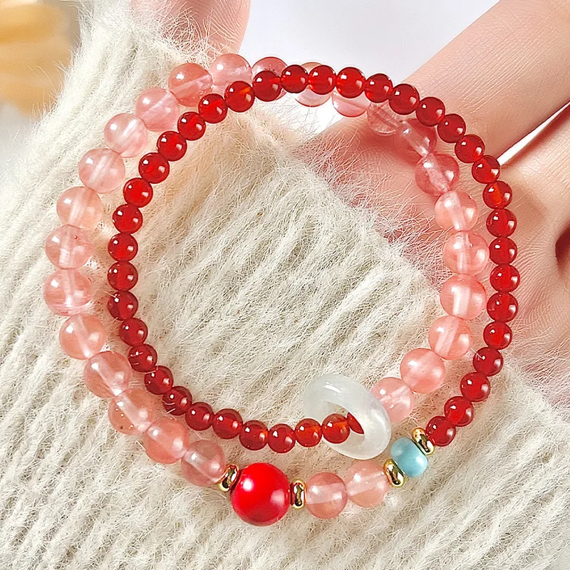 Natural Pink Crystal Beaded Double Loop Bracelet for Women New Chinese Style Southern Red Agate Peach Blossom Hand Chain Jewelry