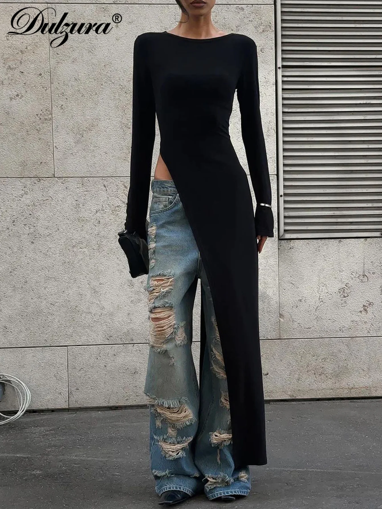 Dulzura długie rękawy boczne wysokie rozcięcie Maxi sukienka solidna seksowna długa sukienka damska do klubu na imprezę Streetwear strój jesienno-zimowy