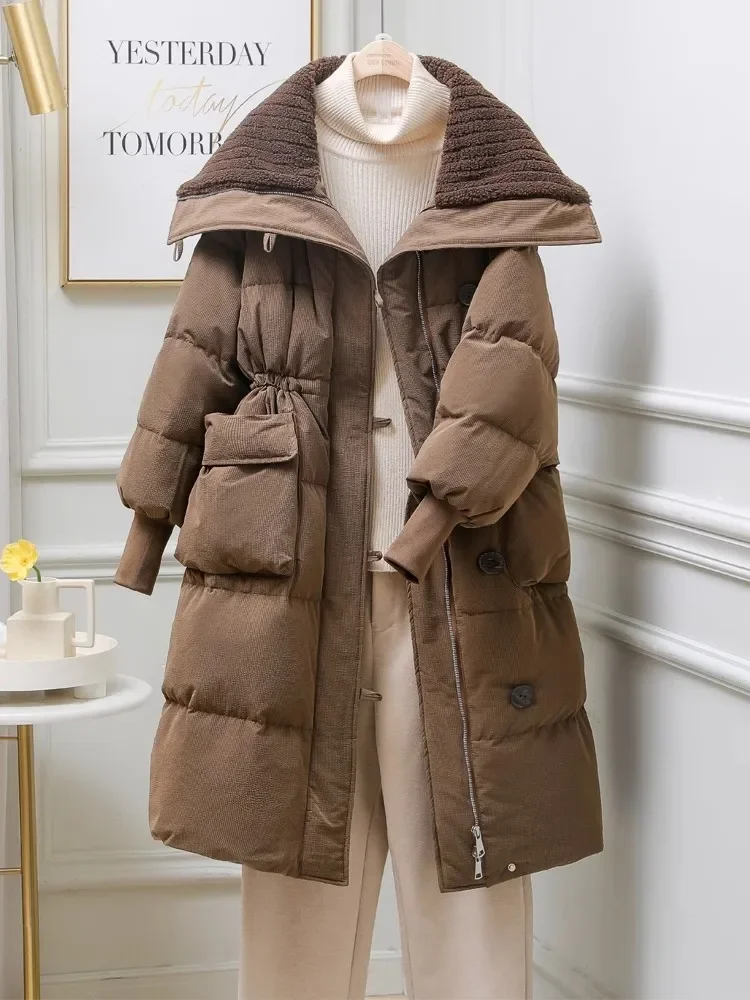 Casaco retrô de inverno estilo britânico feminino, lapela grande, solto, casual, quente, casaco longo, espesso, cintura fina, Parkas femininas, na moda