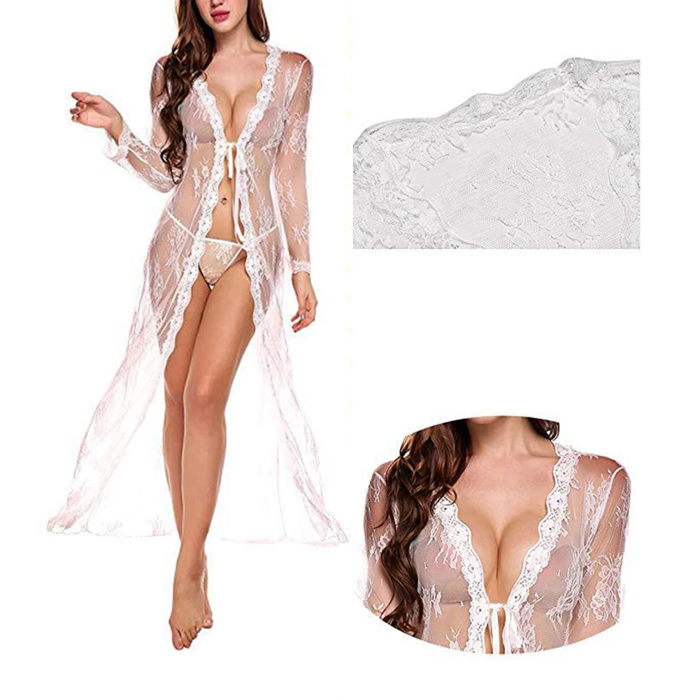 Women Nightrobe Sexy Transparent Lingerie Long Lace Dress Sheer See Through Kimono Robe Dress Nightgown Exotic Costumes