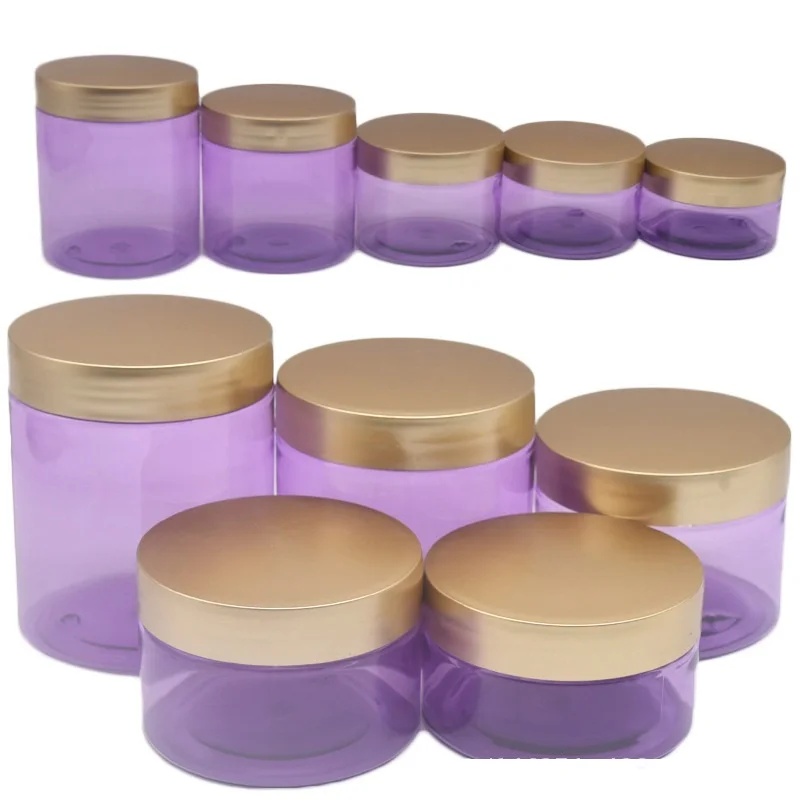 

24Pcs Plastic Clear Purple Cream Jar Container Cosmetic 100g 120g 150g 200g 250g With Matte Gold Lid Packaging Portable Bottles