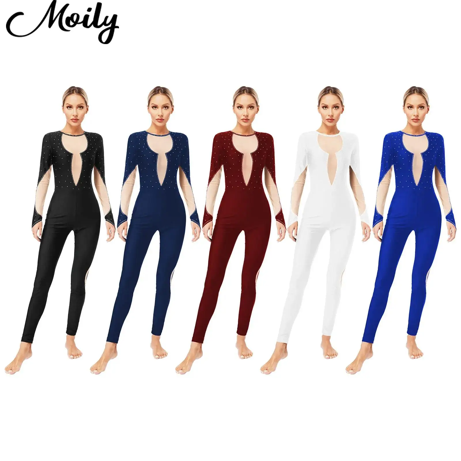 

New Womens Gymnastics Leotard Jumpsuit Glittery Rhinestones Long Sleeve Ballet Dance Bodysuit Figure Skating Performance Costume