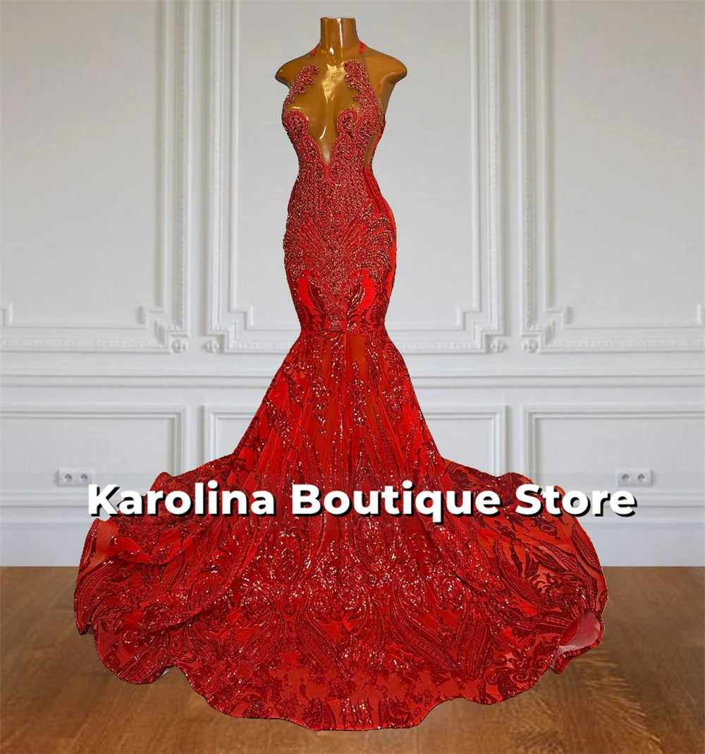 

Fire Red Sequined Lace Prom Dress 2025 Fast Shipping Rhinestones Crystal For Blackgirls Mermaid Formal Occasion Gown Customized