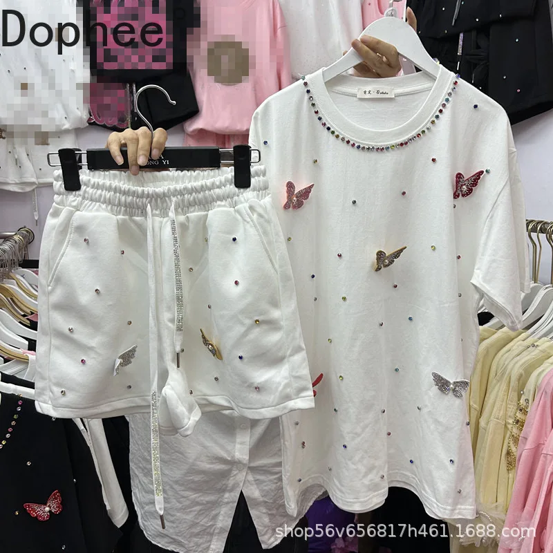 

Summer Casual Women Sets Diamonds Three-dimensional Butterfly Loose Short Sleeve T-shirt Top + Elastic Waist Straight Shorts