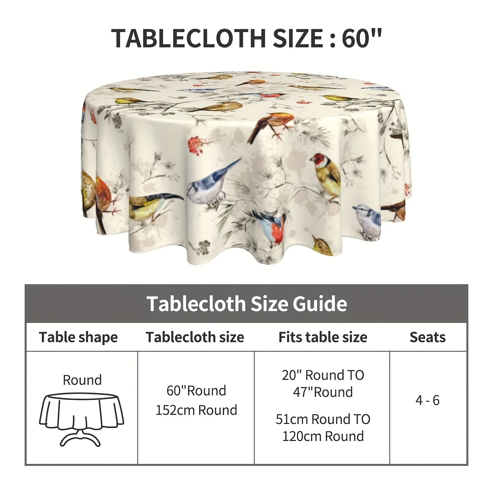 Colorful Bird Tablecloths, Bohemian Round Table Cover, Stain Resistant And Waterproof, Wrinkle Resistant Tablecloth, Gift, Holid