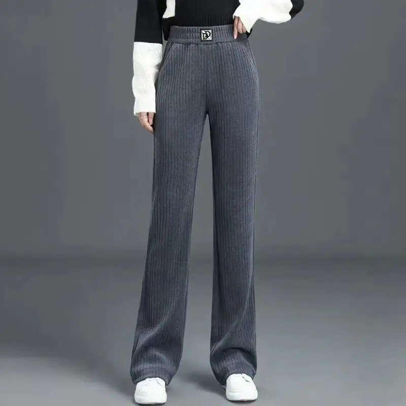 Women Autumn Winter Fleece Simplicity Solid Color High Waist Appear Thin Wide Leg Women Clothes Casual All-match Warm Trousers