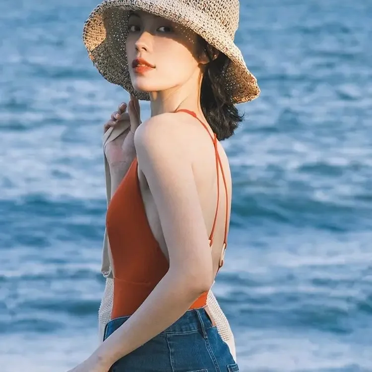 بيكيني ريترو بدون ظهر من قطعة واحدة - بدلة سباحة مثيرة للتخسيس ذات قصة عالية مع تحكم في البطن، بيكيني مثير شفاف