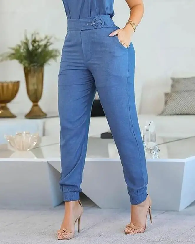 Two Piceses Outfits for Women 2024 Summer New Fashion Solid Color Square Neck Frill Hem Cami Top & Pocket Design Pants Set