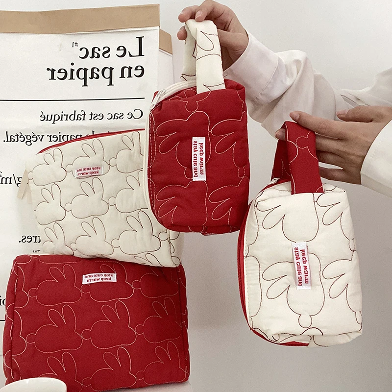 Bolsa de cosméticos con tapa de algodón acolchada de conejo, estuches portátiles para niñas lindas, bolso de mano de algodón de gran capacidad,