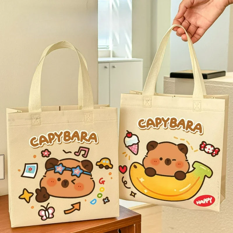 Kawaii Animal Capybara Non-woven Fabric Tote Bag, Large Capacity Reusable Storage Bag, Cute Cartoon Kapibala Print Shoulder Bag