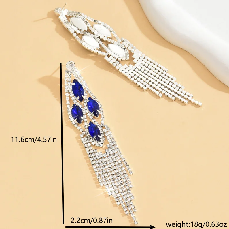 Vintage Disco Red and Blue Diamond Tassel Earrings, Exquisite and Sparkling Dance Performance Dress, Paired with Jewelry