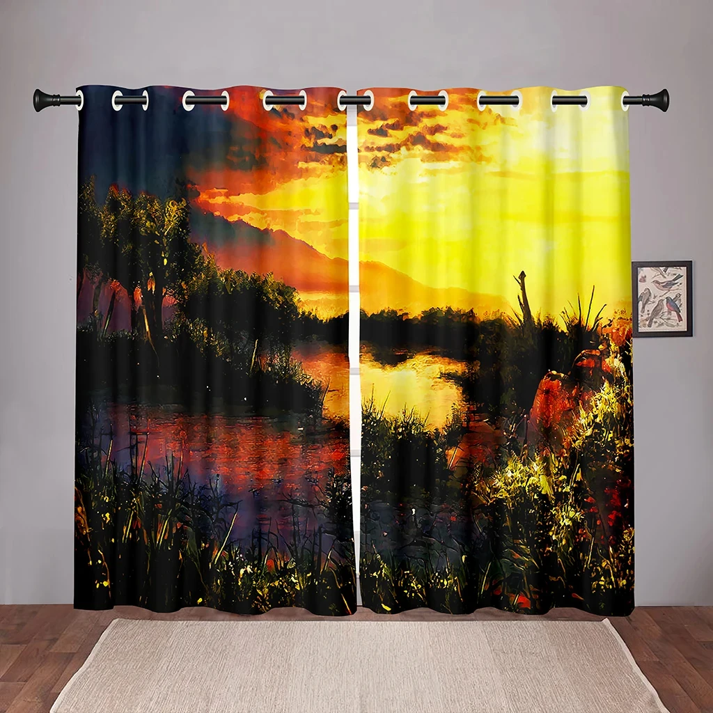 2PiecesNature Landscape Sunset Sea Blackout Window Curtains for Bedroom Living Room Bathroom Kicthen Door Hall High Shading New