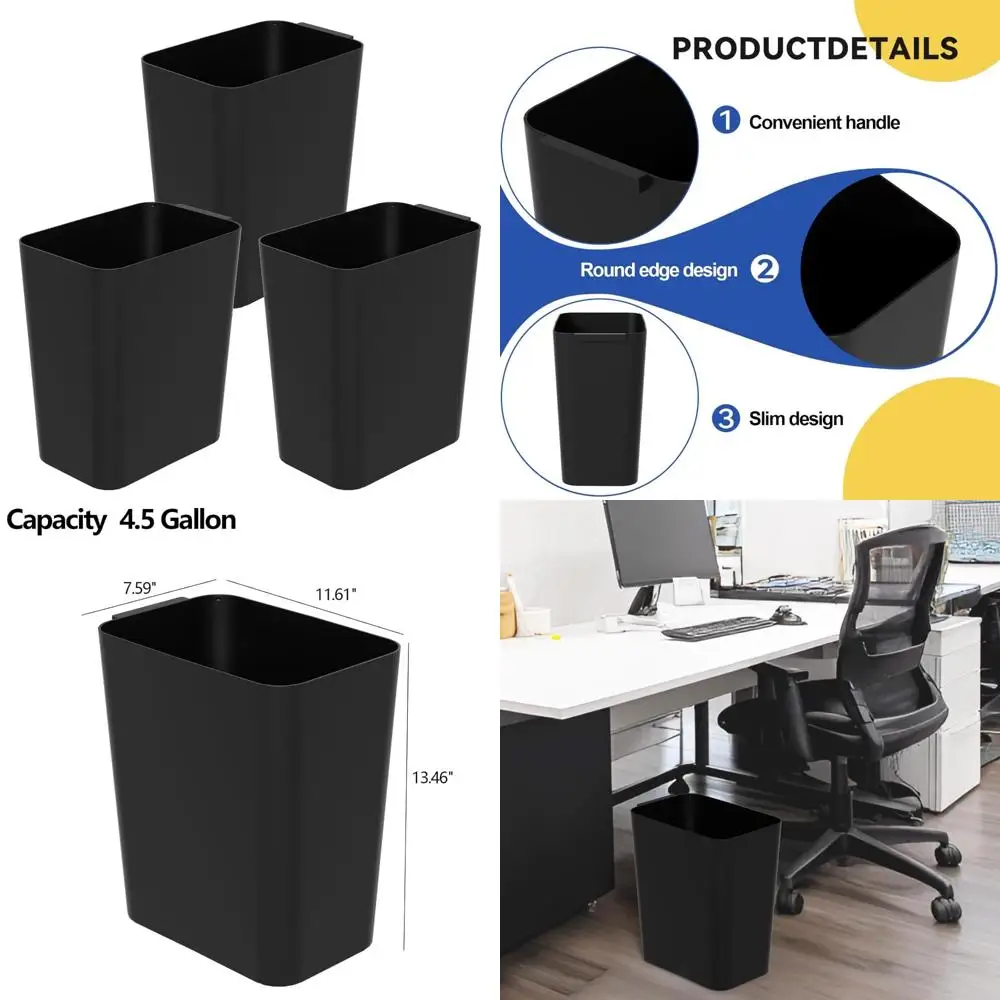 

set of 3, 4.5-gallon slimline wastebaskets - ideal for home and office use in black