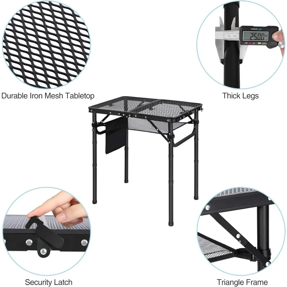 Folding Grill Table, Lightweight Height Adjustable Aluminum Table with Mesh Desktop and Mesh Bag for Outdoor Camping Picnic BBQ