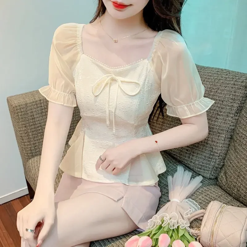

Puff Sleeve Square Collar Chiffon Shirt for Women Design Niche Top