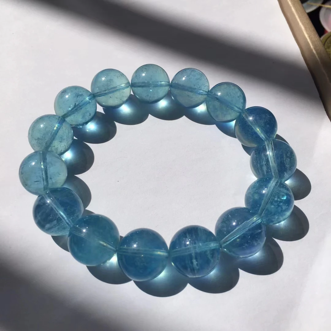 Natural Blue Aquamarine Clear Round Beads Bracelet 14mm Women Men Brazil Stretch Blue Aquamarine Jewelry AAAAA