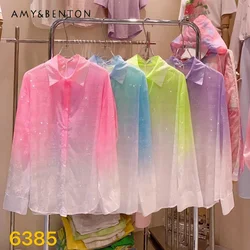 Letter Rhinestone Shirt Women's Gradient Color Diamond-Embedded Fashion Sun Protection Coats Fluorescent Color Loose Blouse Top