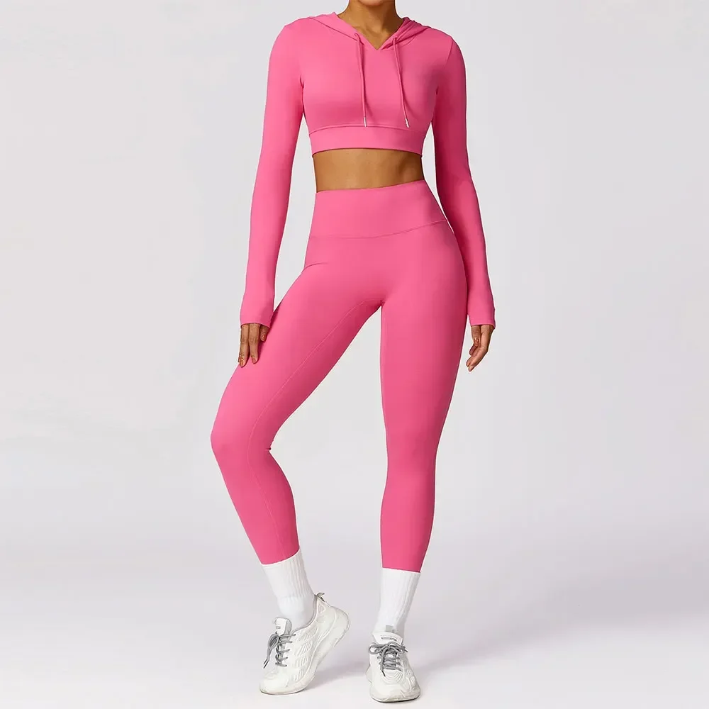 Women Yoga Gym Set 2 Pieces Workout Seamless Sports  Clothing Fitness Long Sleeve Crop Top High Waist Leggings Sports Suits