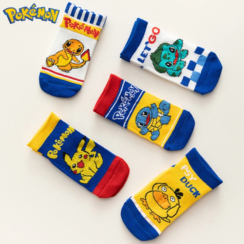 5pairs Pokemon Action Figures Pikachu Psyduck Squirtle Bulbasaur Boys Girls Children Cotton Short-tube Boat Socks Birthday Gifts