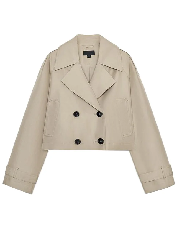 Abrigo Corto Estilo Francés con Botones, Manga Larga, Bolsillos y Cuello Deco, Cortavientos para Mujer, Corte Recto