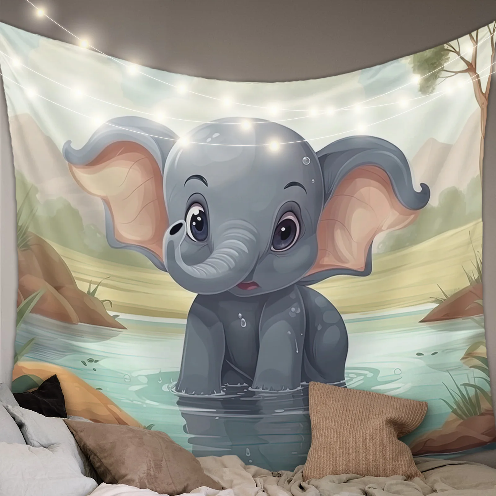 Cartoon Elephant Pool Reflection Tapestry Wall Hanging Boho Wall Tapestry Xmas Bedroom Living Room Decor Hanging Cloth