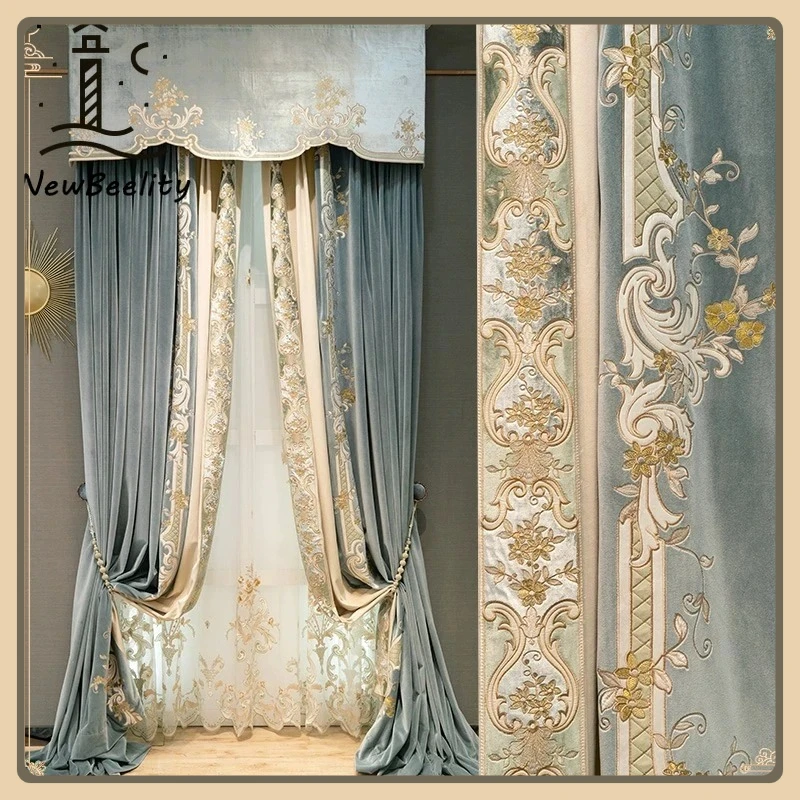 

European Embroidered Thickened Blackout Blue Velvet Curtains for Living Room Bedroom Blackout Dining Lace Luxury Valance Tulle