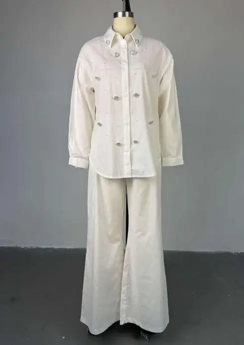 

Casual Pant Sets 2025 New Solid Color Turn-Down Collar Long Sleeved Shirt High Waist Straight Leg Pants Set Daily Commuting Set