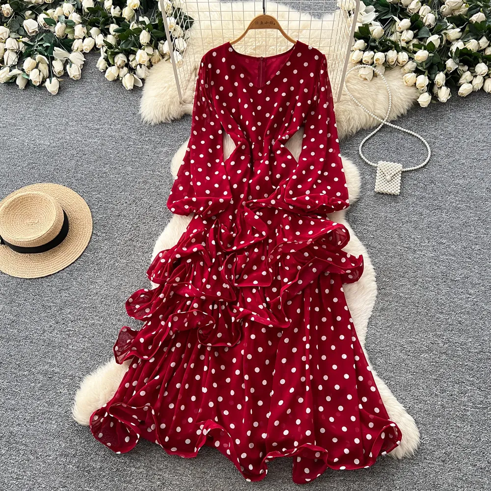 Frühling Herbst Damen Rot/Blau/Schwarz/Weiß Gepunktetes Langes Kleid Vintage Unregelmäßiger Rüschen-Maxikleid A-Linie Vestidos Damen-Robe 2026
