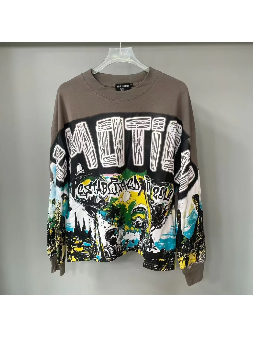 High Quality Designer MIXED-EMOTION Long sleeved T-shirt 100% cotton men's and women's Vintage Printed and hotfix rhinestone High Street Trendy Fashion Hip Hop T-shirt hoodie sweatshirt Pullover