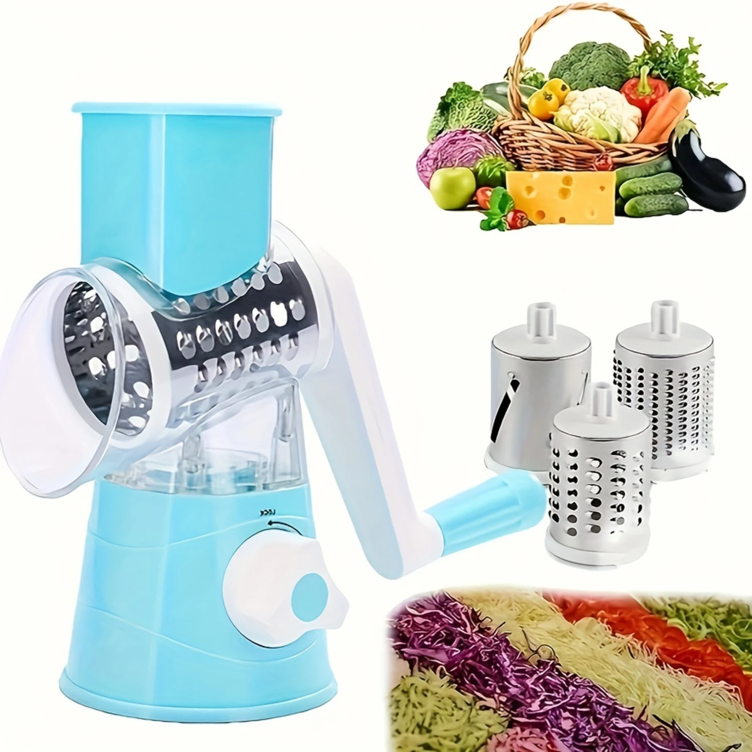 Rotary Cheese Grater Shredder - Manual Round Mandolin Slicer Grinder with 3 Stainless Steel Drum Blades for Vegetables, Nuts, Ca