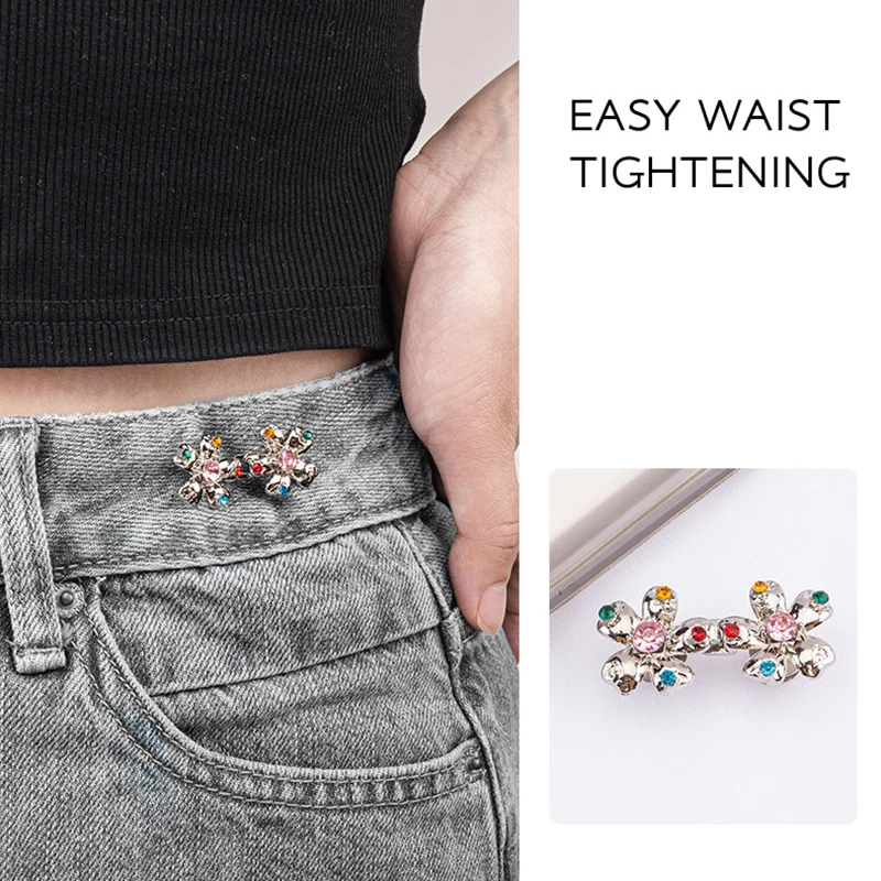 1Pair Exquisite Rhinestone Flower Waist Buckle Adjuster Pants Skirts Waist Tightener Adjustable No Sewing Required Waist Buckle