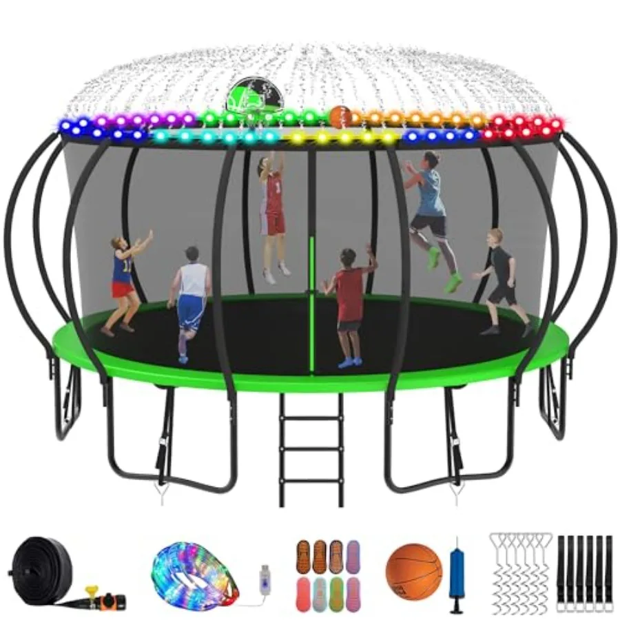 

1500LBS 8-16FT Trampoline for and Adults No Gap Design Pumpkin Trampoline with Light Sprinkler Socks Basketball Hoop Safe Enclo