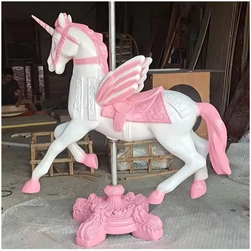 

Wholesale Custom Amusement park decoration life size pink resin fiberglass carousel horses figurine display prop for sale