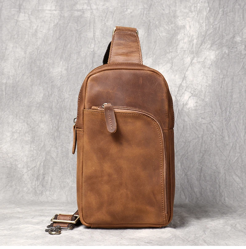 Handmade Genuine Leather Chest Bag Sports Phone Bag Men\'s Retro Large Capacity Crossbody 7.9 inch Mini ipad Men\'s Bag Leathfocus