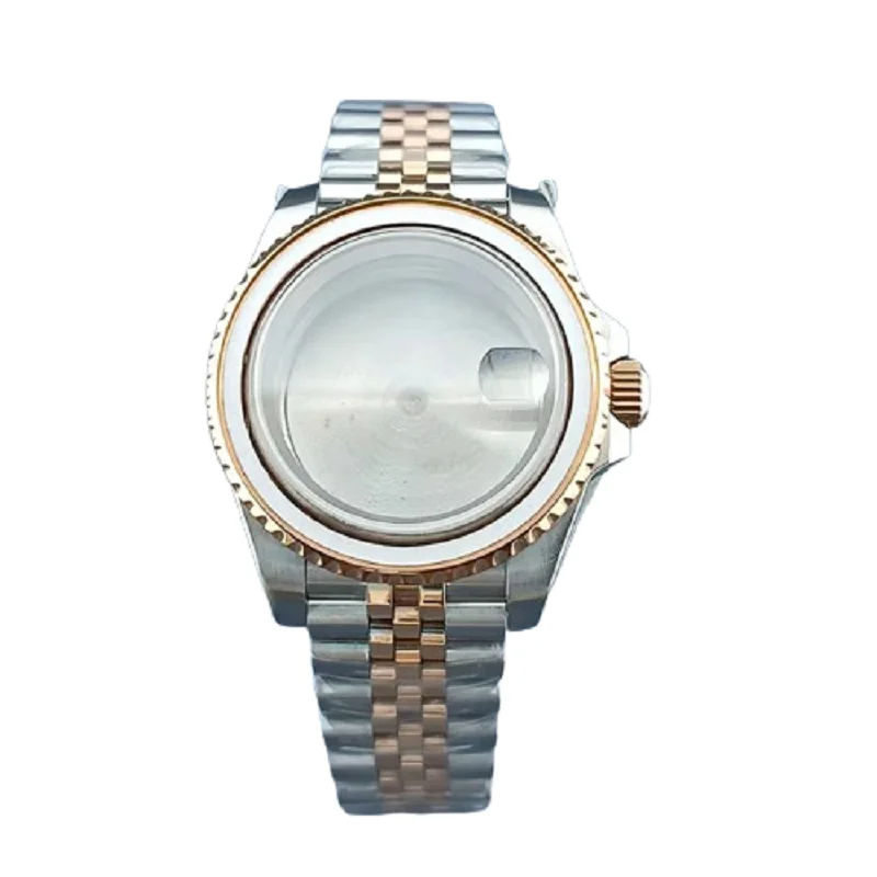 40mm Silver Rose Watch Case fit NH3 Series 34 35 36 Movement 316L Steel 120 Click bezel sapphire Glass Jubilee Band Waterproof