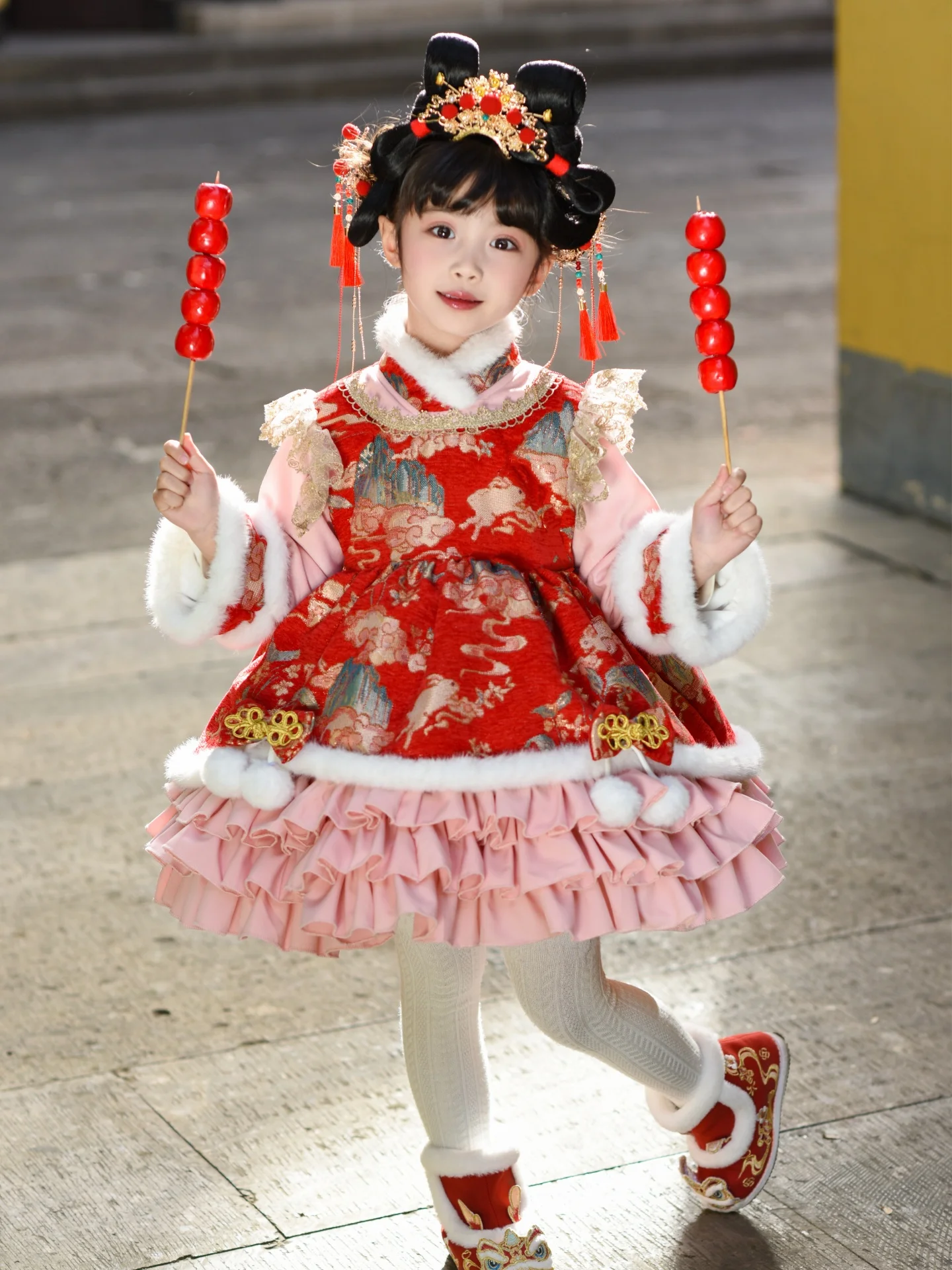 

Thiened Fce Winter New Year Visiting Dr for Girls Chinese Sle Lolita Skirt Warm Long Sve round Ne Dr