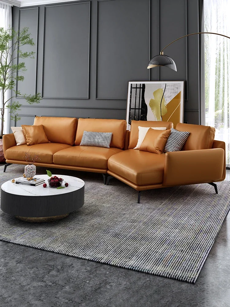 High end Italian style minimalist leather sofa cowhide modern simple living room creative profiled 2023 new arc  corner sofa