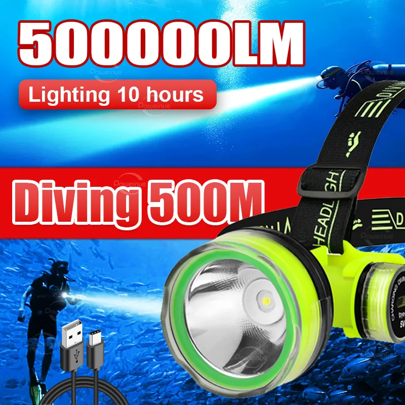 2024 Professional Scuba Diving Headlamp High Power LED Head Flashlight Underwater 500M Diving Headlight IPX8 Fishing Head Torch