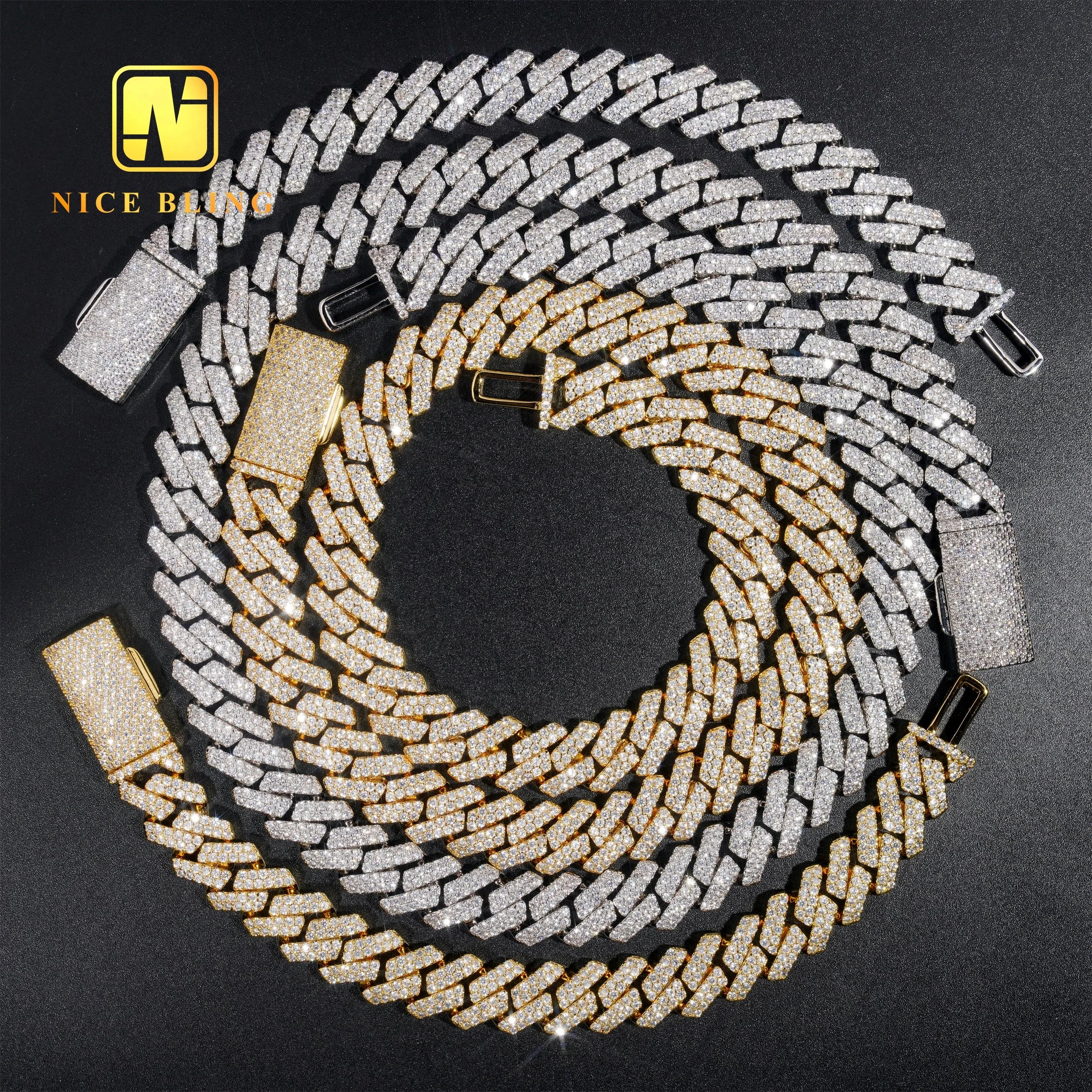 Iced 13mm Out Cuban Link Chains 2 Rows Prong Setting Wholesale Brass Cuban Necklaces Hip Hop Rappers Cubic Zirconia Necklace.