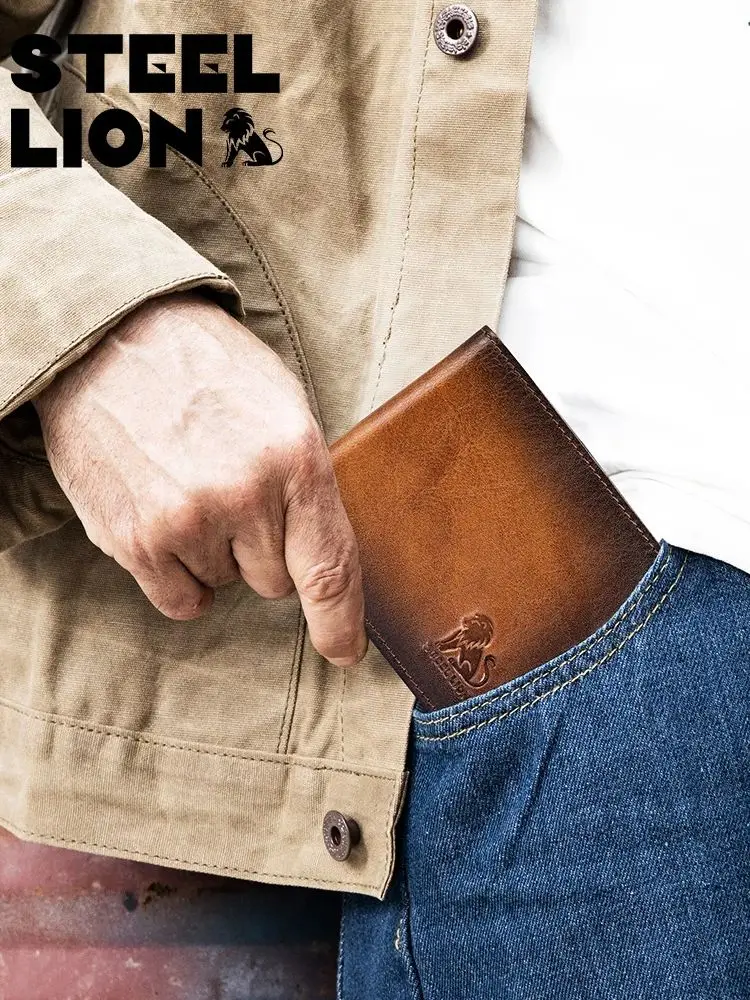 STEEL LION Wallet Men's Leather Short Anti theft Brush Multi slot Head Layer Soft Leather Wallet Clip