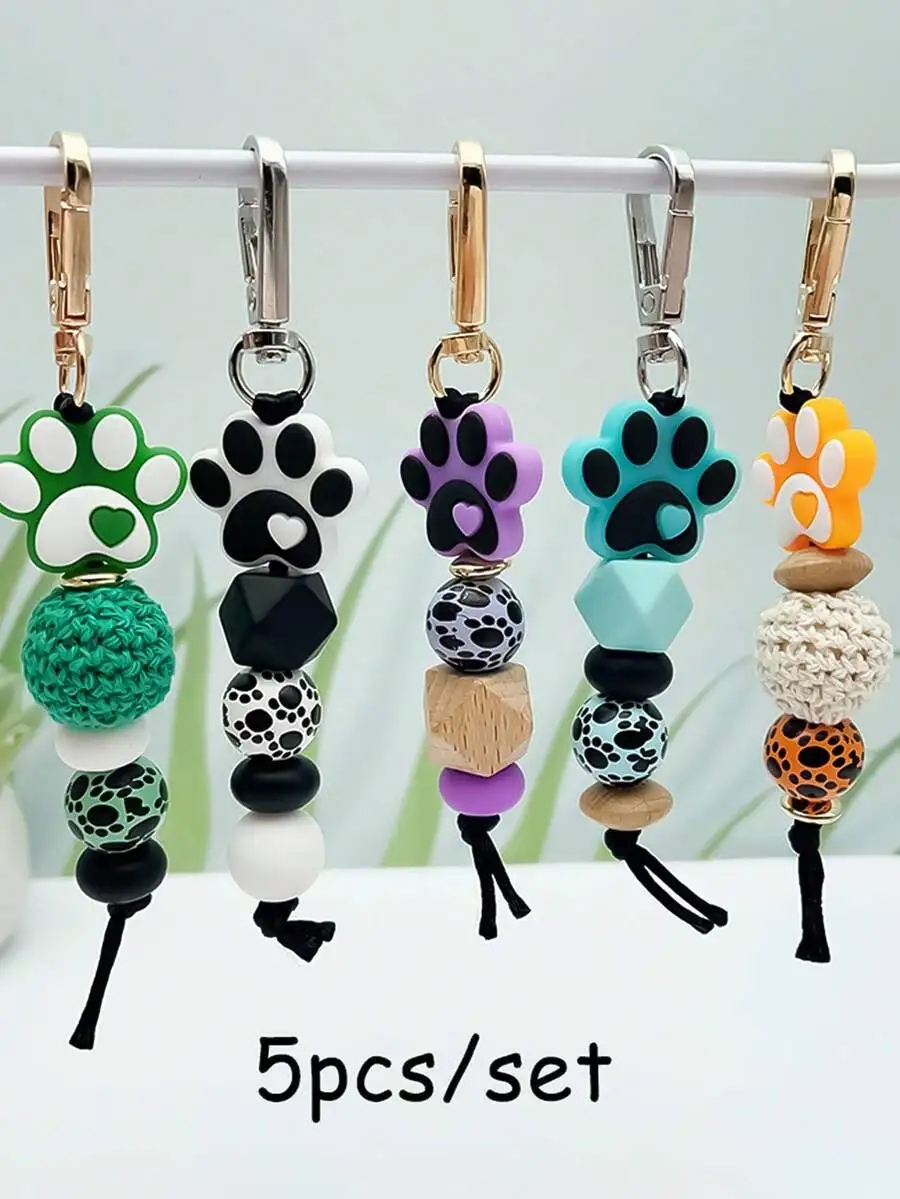 

5pcs Paw Print Keychain Set With Silicone Beads Wood Beads Crochet Ball Tassel For Bag Car Keys